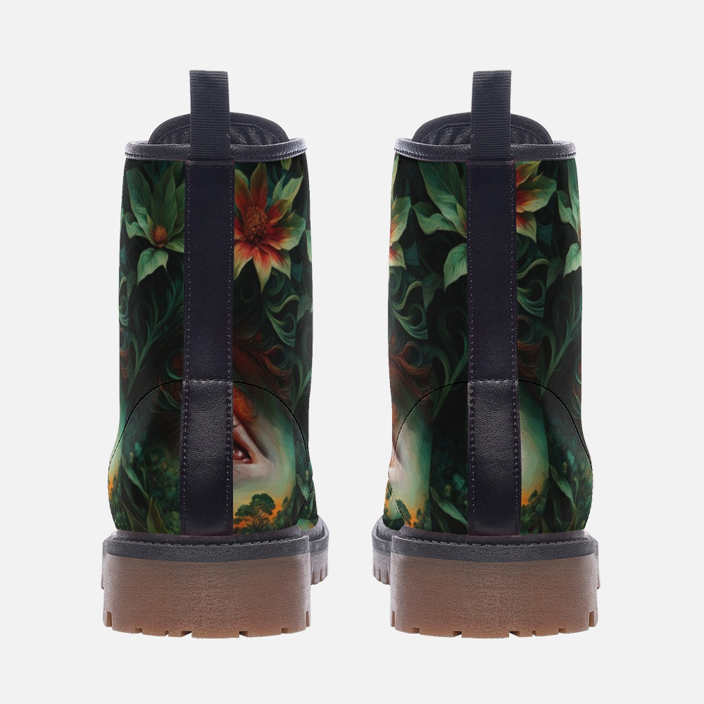 Leather Boots With Green Forest Eyes Print For Hippie Style