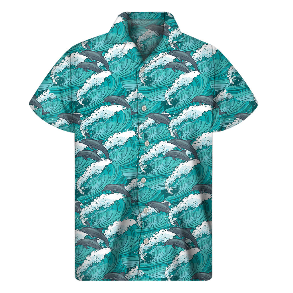 Dolphin Riding Waves Hawaiian Print Short Sleeve Shirt - 1