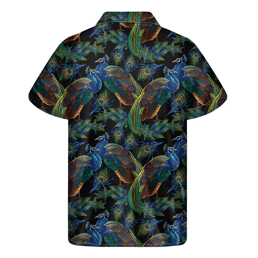 Island Vibes: Embroidered Peacock Hawaiian Short Sleeve Shirt - 2