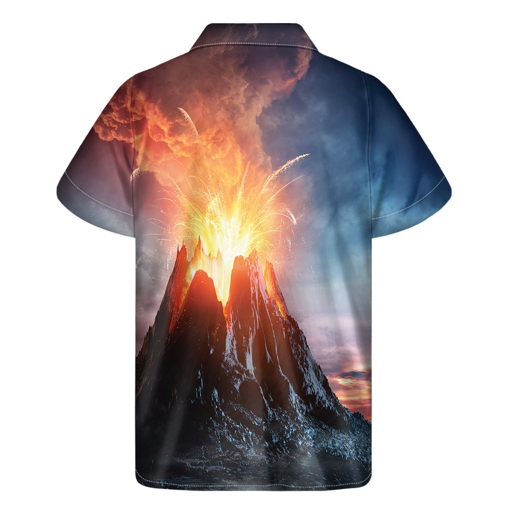 Island Flame: Men's Hawaiian Erupting Volcano Print Short Sleeve Shirt - 2