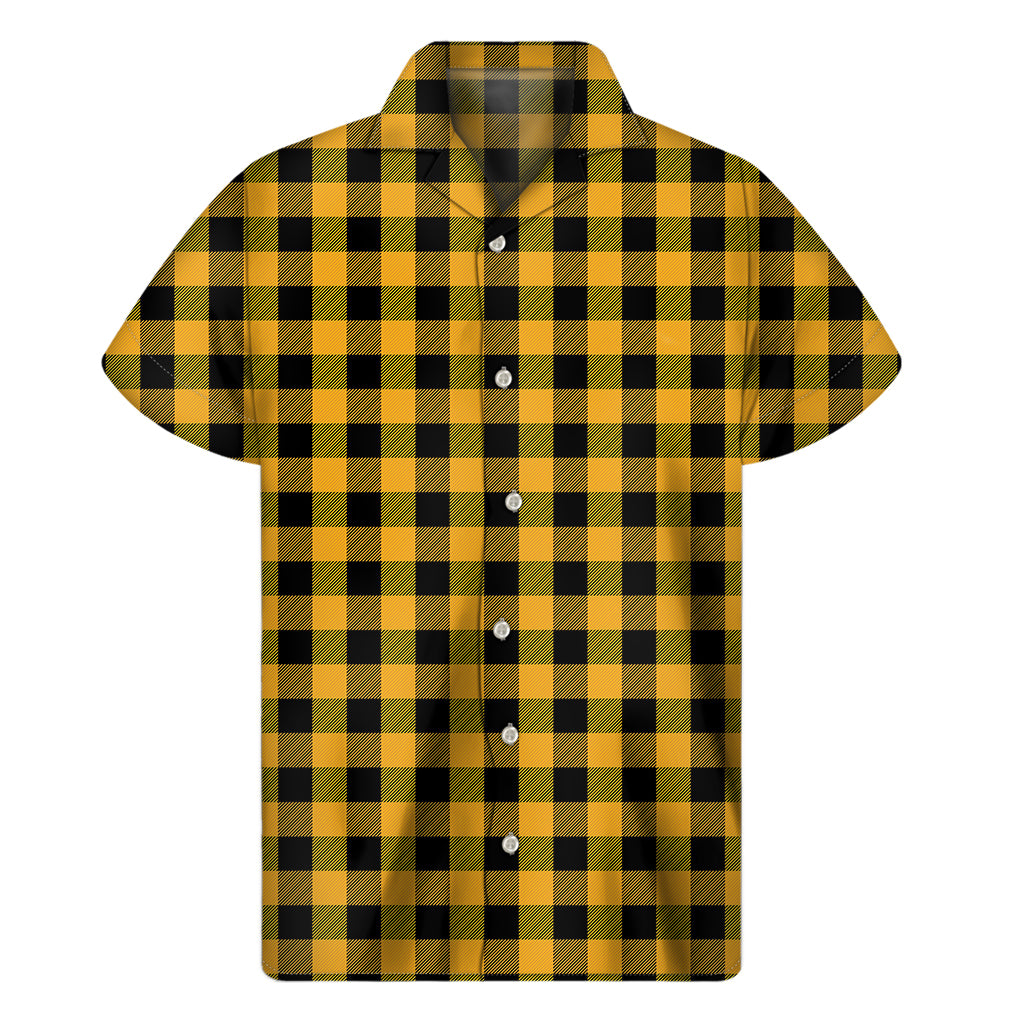 Sunny Hawaiian Vibes: Men's Fire Yellow Buffalo Check Pattern Short Sleeve Shirt - 1