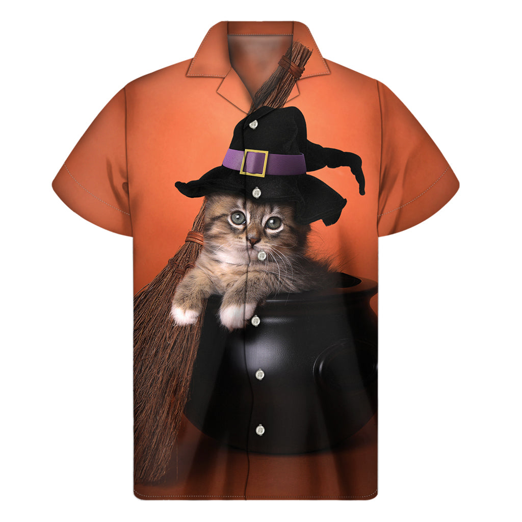 Tropical Elegance: Men's Hawaiian Witch Cat Print Short Sleeve Shirt - 1