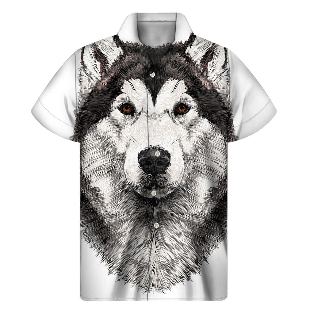 Tropical Vibes: Hawaiian Short Sleeve Shirt with Hand-Drawn Alaskan Malamute Print - 1