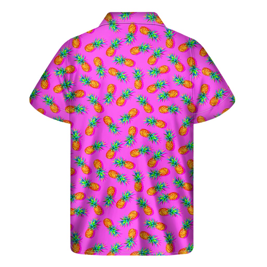 Island Vibes: Hot Pink Pineapple Pattern Printed Hawaiian Short Sleeve Shirt - 2