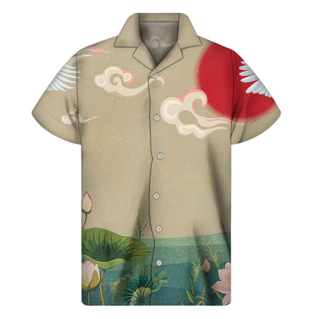 Tropical Vibes: Japanese Cranes at Sunset Hawaiian Short Sleeve Shirt - 1