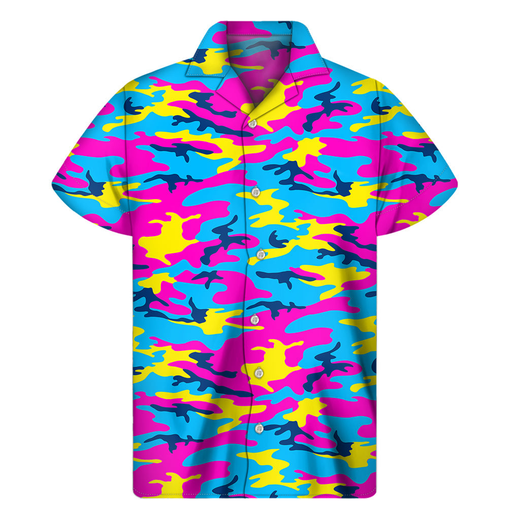 Tropical Vibes: Neon Camouflage Hawaiian Short Sleeve Shirt - 1