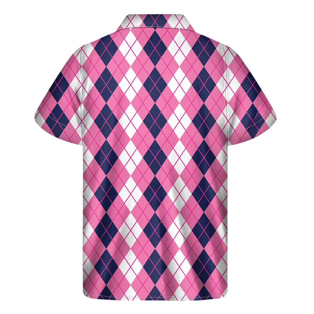 Pink, White, and Blue Hawaiian Bliss: Men's Short Sleeve Shirt with Argyle Pattern - 2
