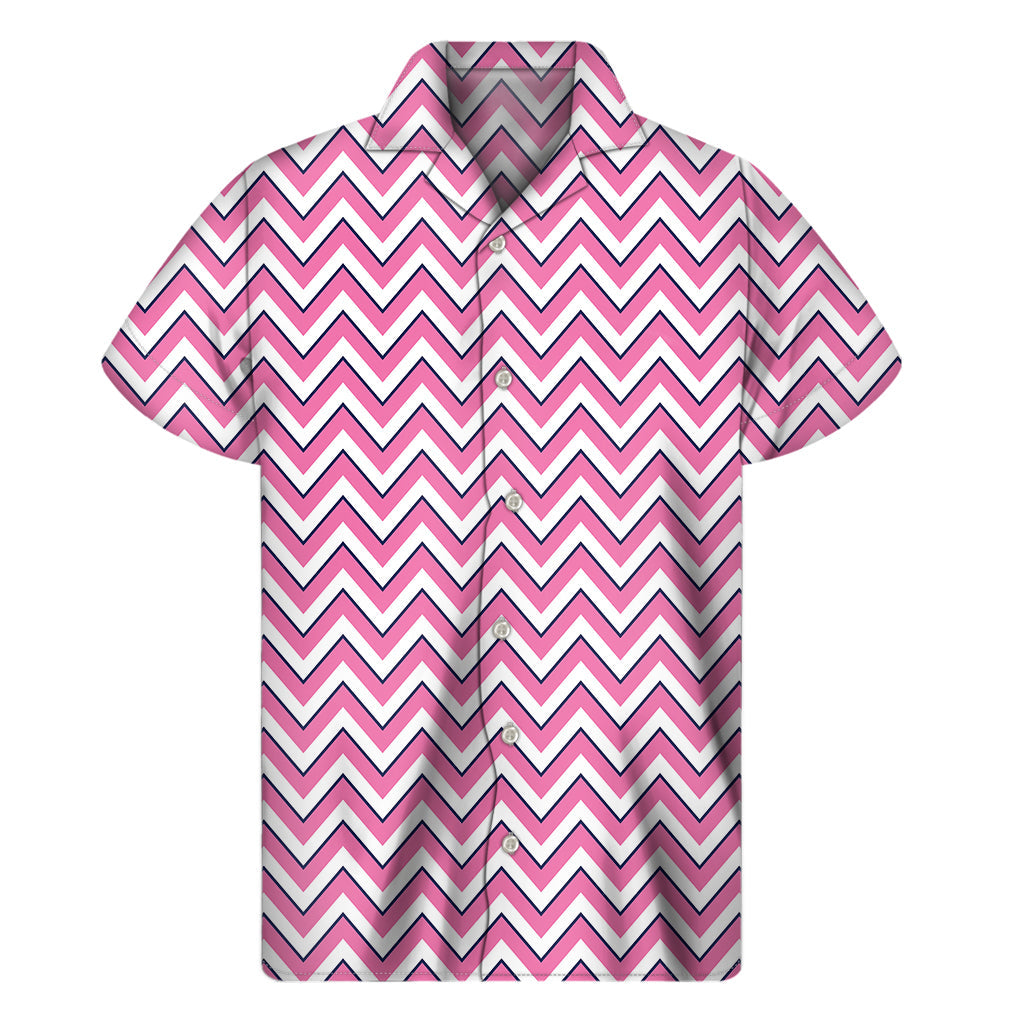 Pink, White, and Navy Chevron Print Hawaiian Short Sleeve Shirt - 1
