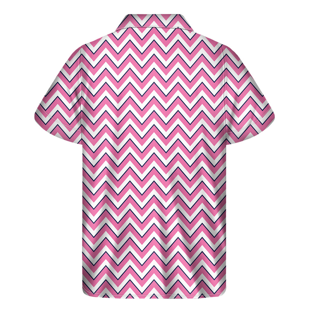 Pink, White, and Navy Chevron Print Hawaiian Short Sleeve Shirt - 2