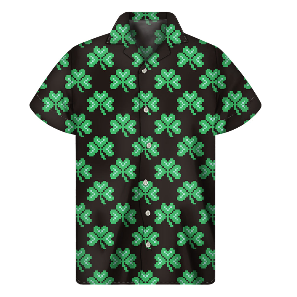 Island Vibe: Men's Hawaiian Short Sleeve Shirt with Pixel Clover St. Patrick's Day Print - 1