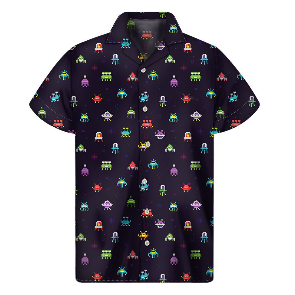 Galactic Aloha: Men's Hawaiian Shirt with Pixel UFO Aliens Pattern - 1