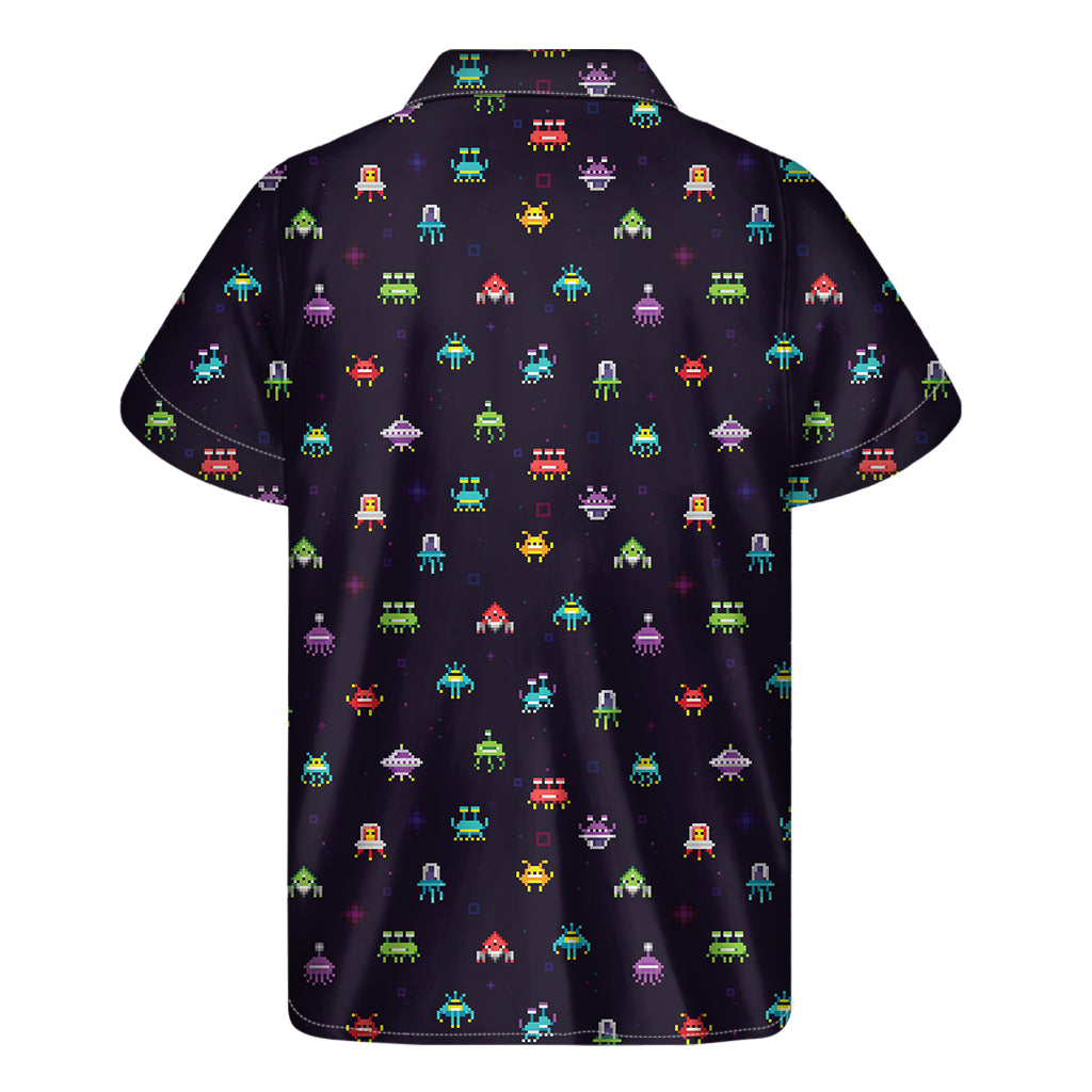 Galactic Aloha: Men's Hawaiian Shirt with Pixel UFO Aliens Pattern - 2