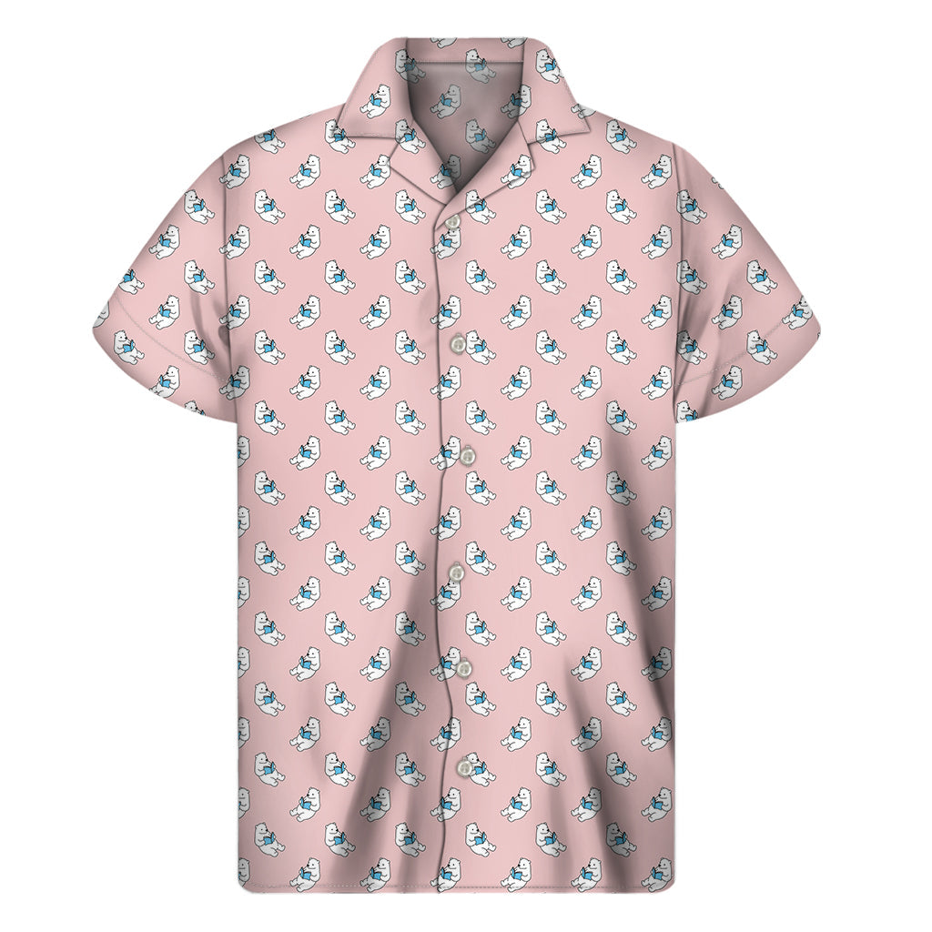 Tropical Paradise: Hawaiian Polar Bear Reading Book Short Sleeve Shirt - 1