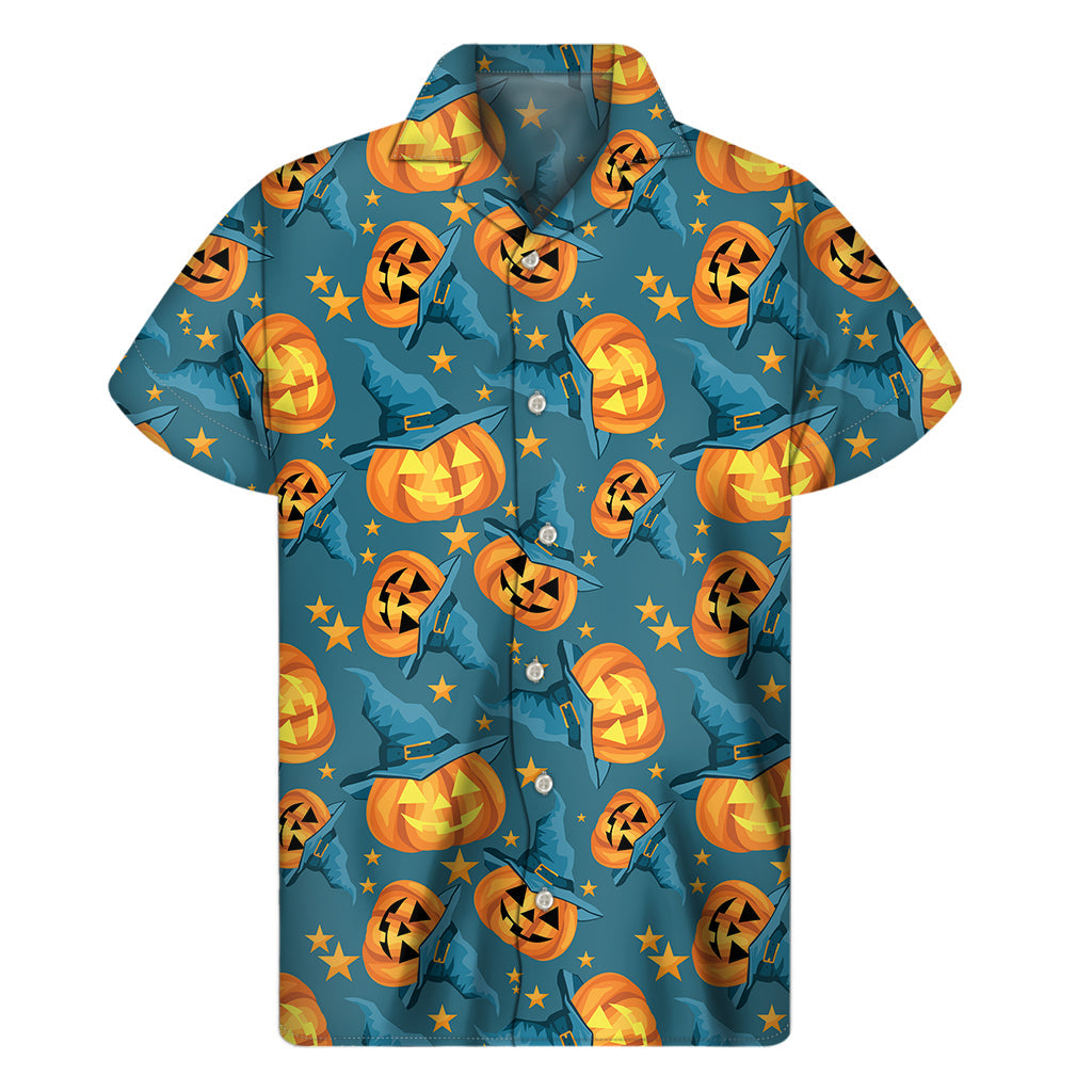 Pumpkin with Witch Hat Hawaiian Style Short Sleeve Shirt - 1
