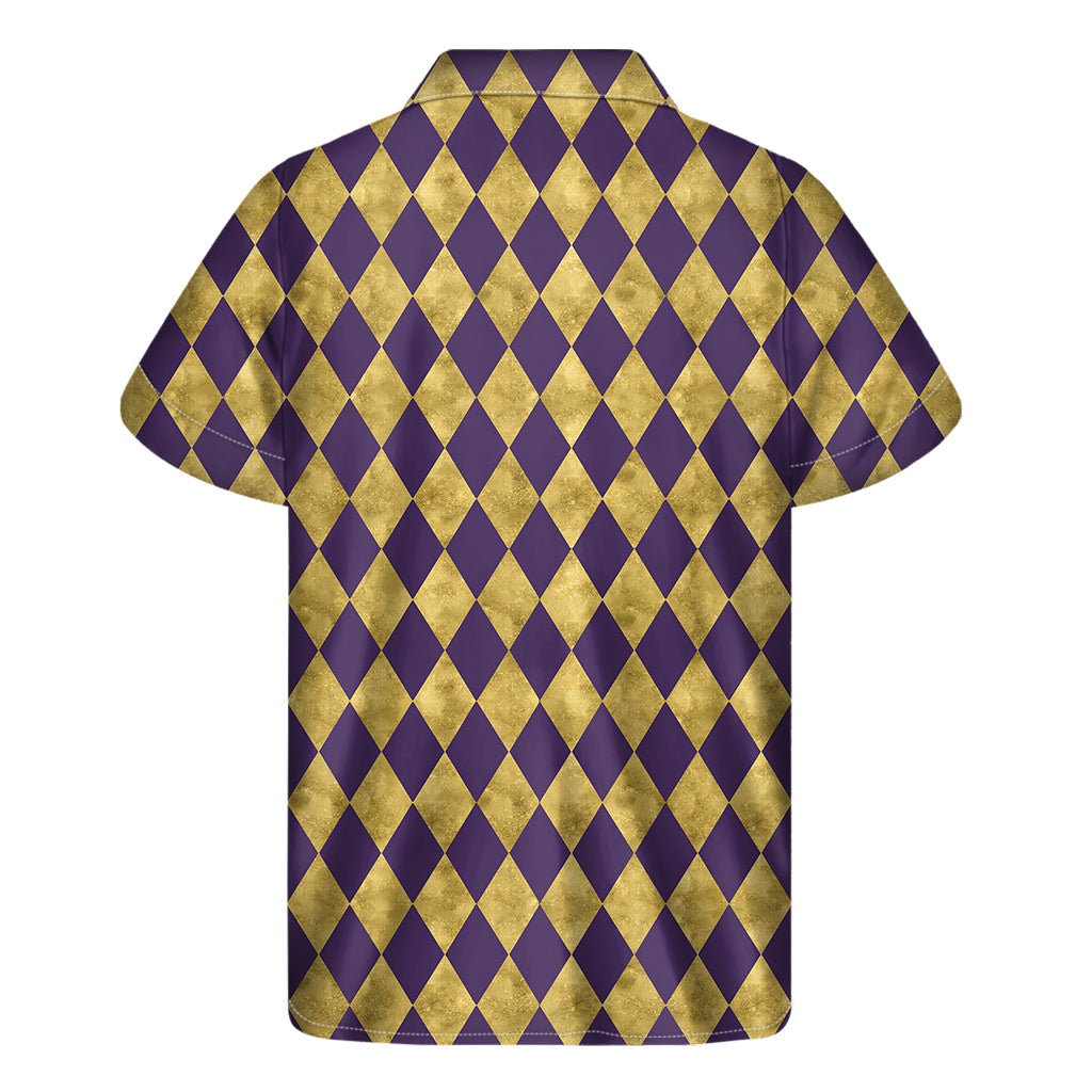 Vibrant Purple and Gold Hawaiian Harlequin Print Short Sleeve Shirt - 2