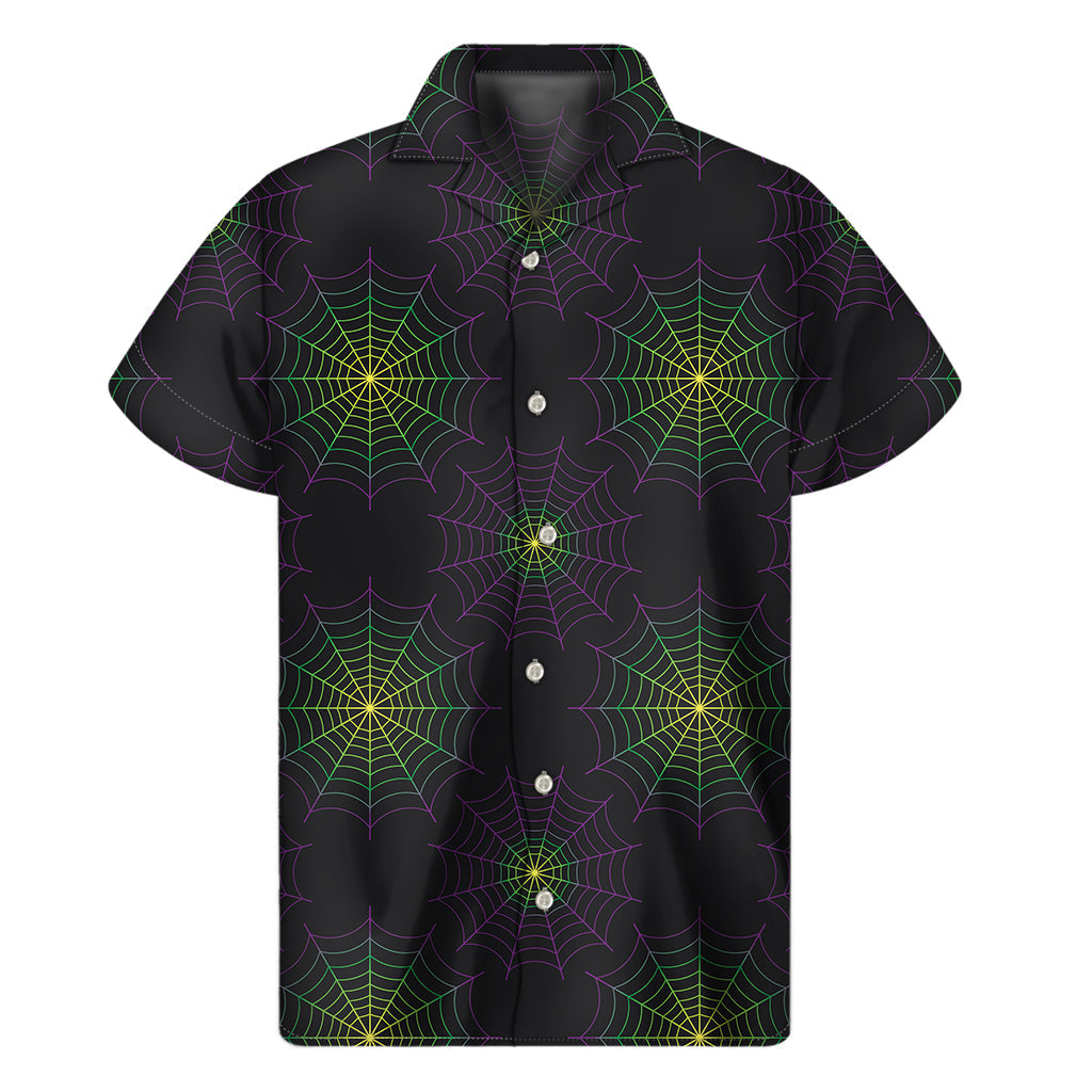 Tropical Vibes: Purple and Green Spider Web Print Hawaiian Short Sleeve Shirt - 1