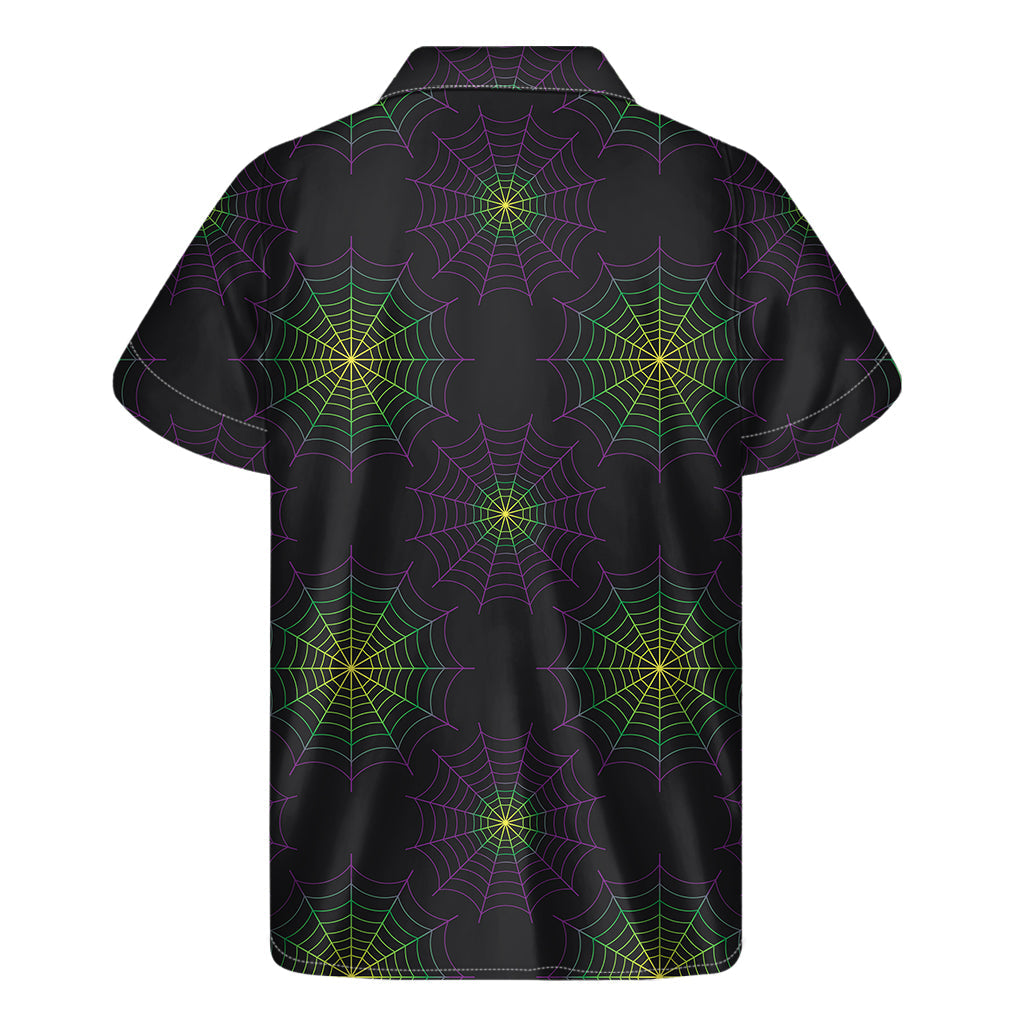 Tropical Vibes: Purple and Green Spider Web Print Hawaiian Short Sleeve Shirt - 2