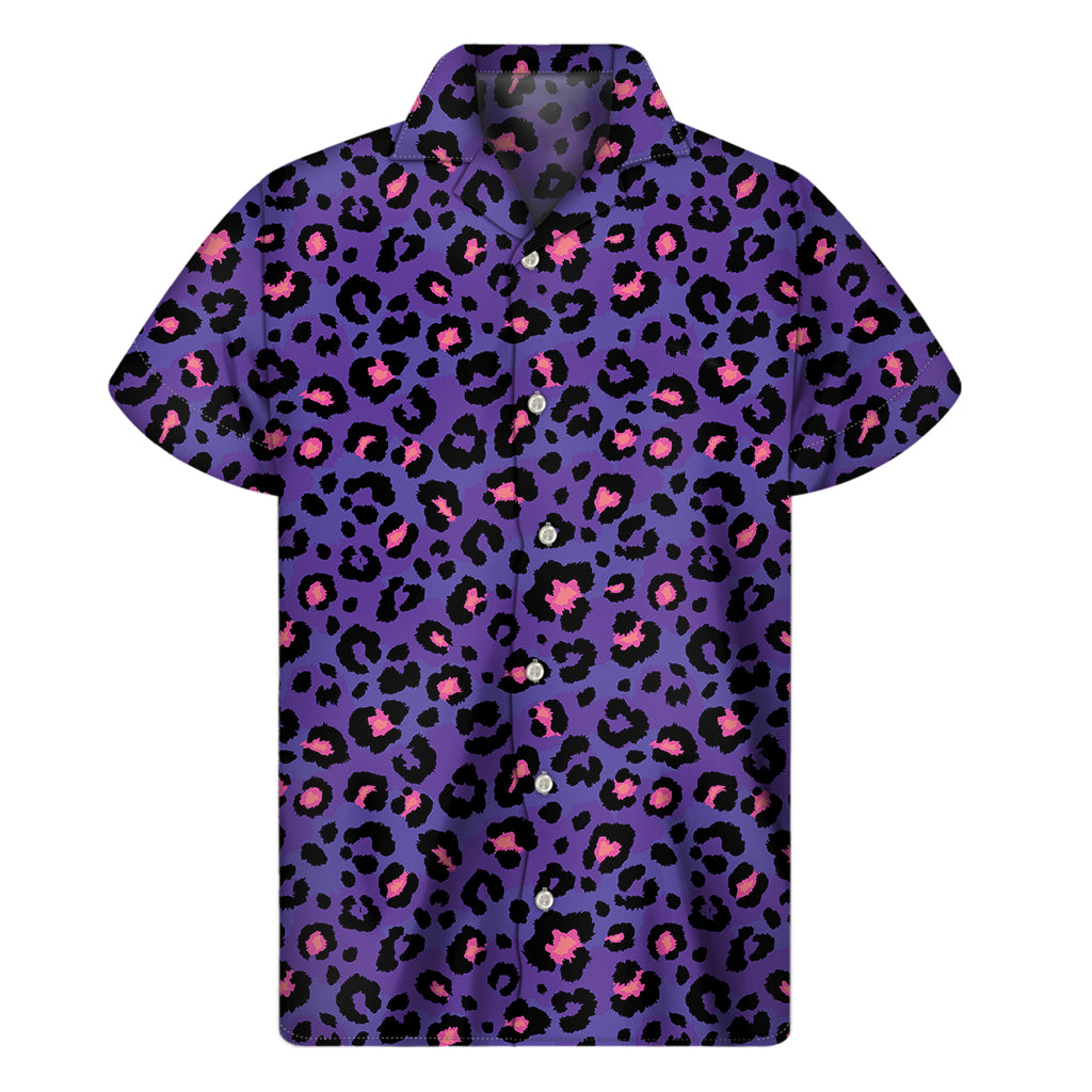 Vibrant Hawaiian Vibes: Purple and Pink Leopard Print Short Sleeve Shirt - 1