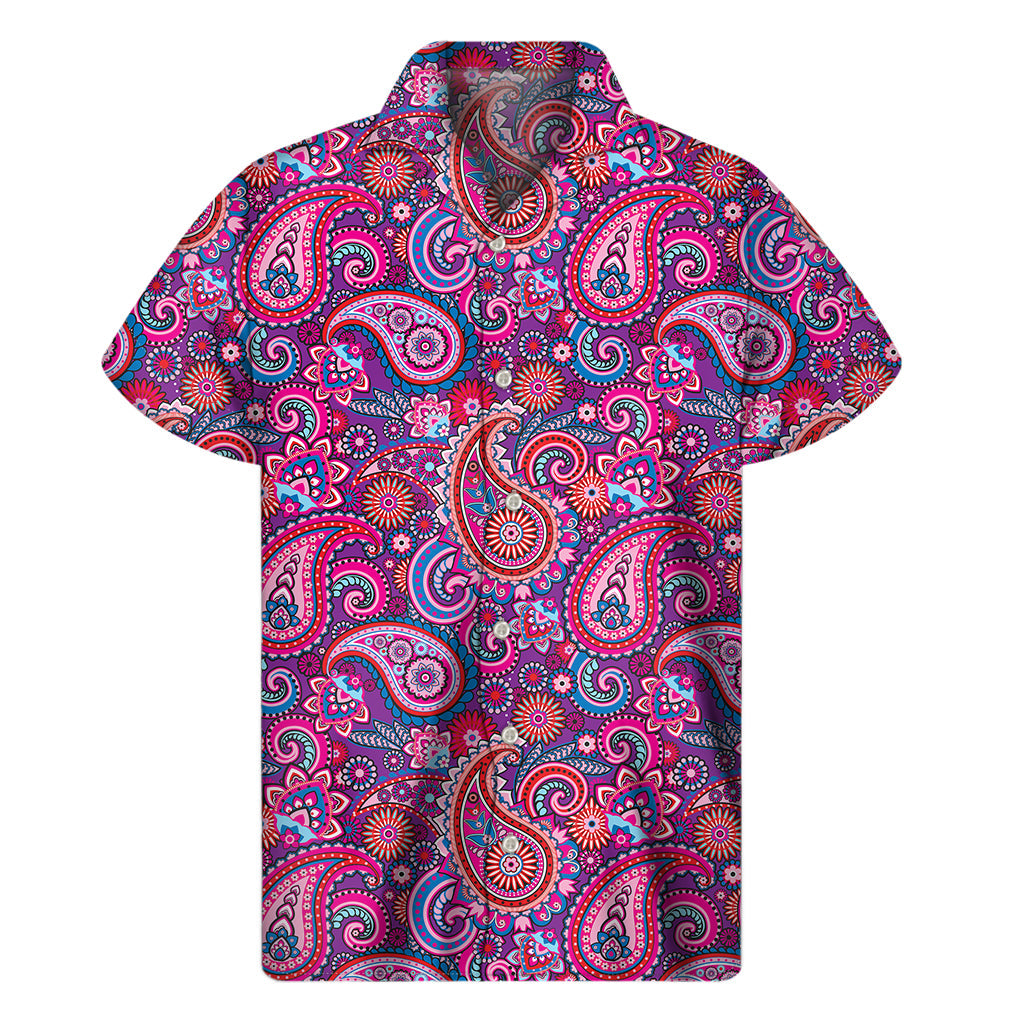Purple and Pink Paisley Paradise: Men's Hawaiian Short Sleeve Shirt - 1