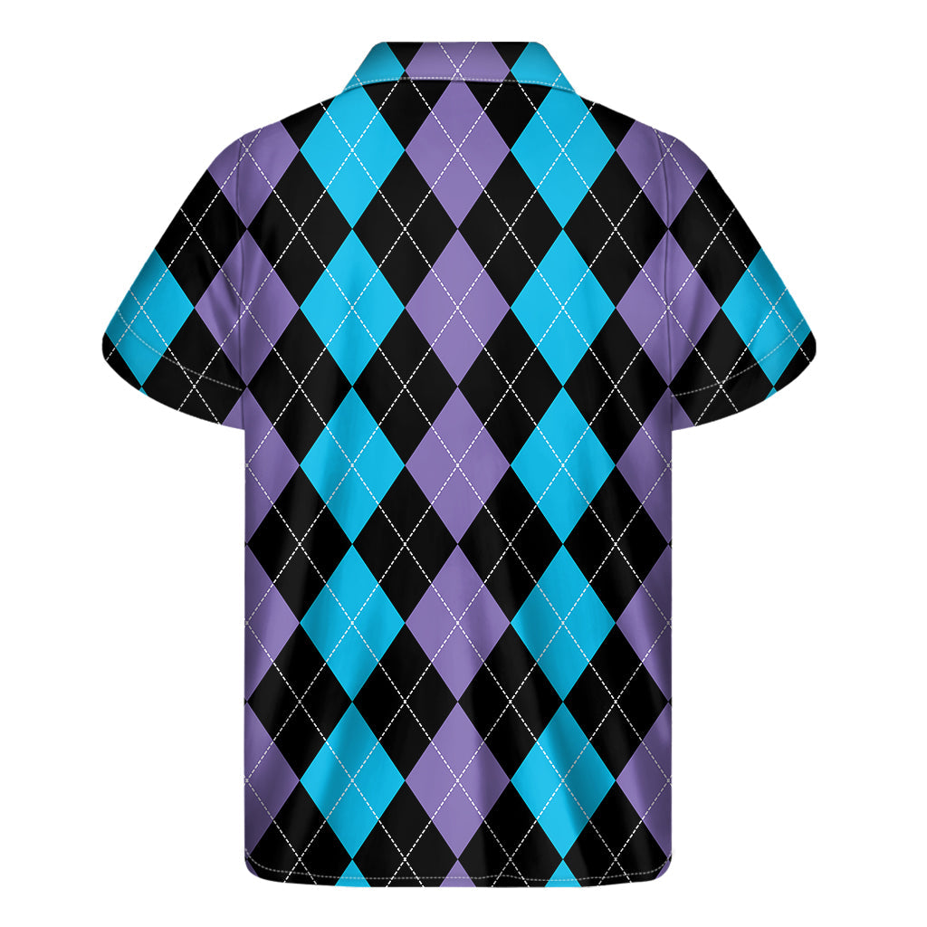 Purple, Black, and Blue Argyle Print Hawaiian Style Short Sleeve Shirt - 2