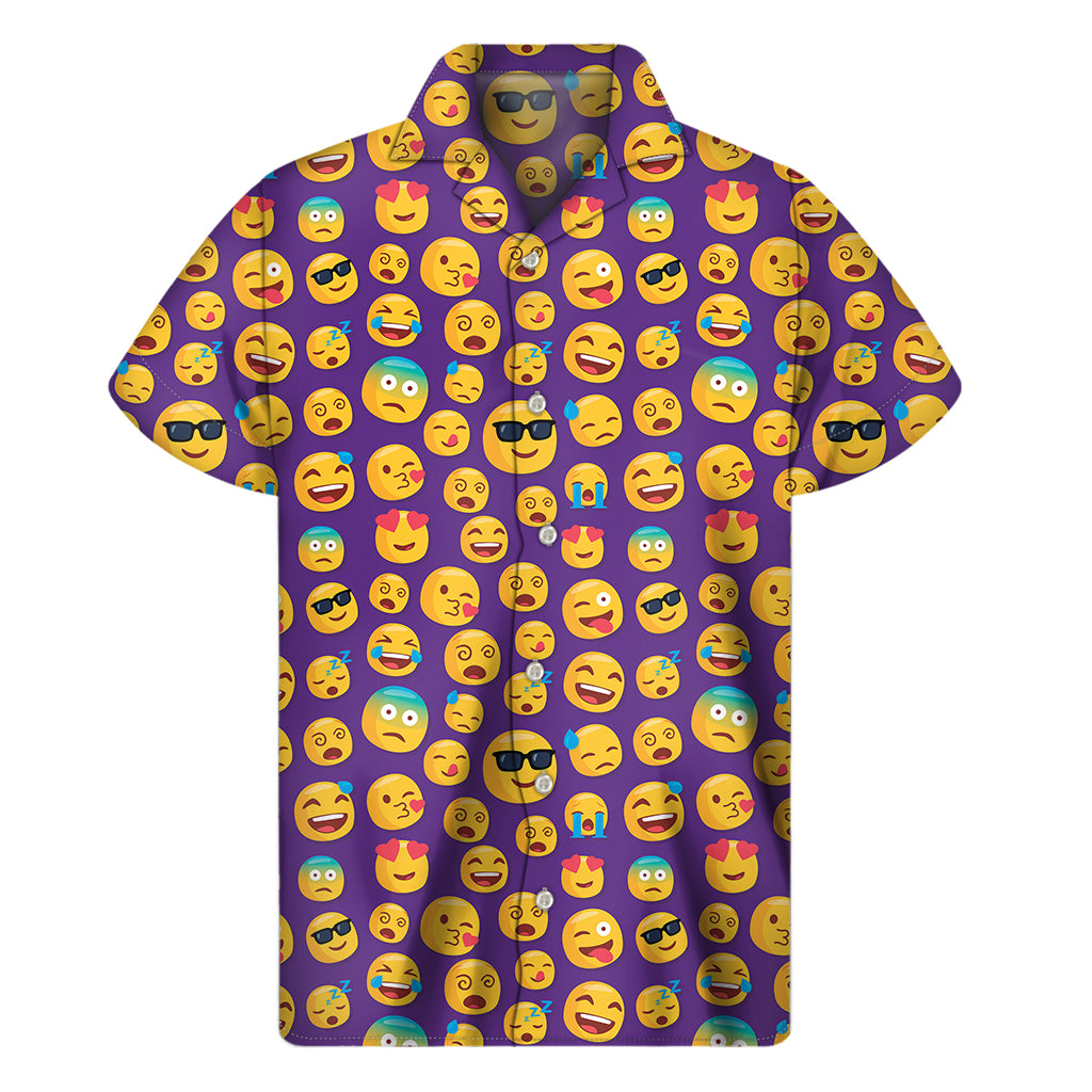Purple Emoji Pattern Printed Hawaiian Short Sleeve Shirt - 1