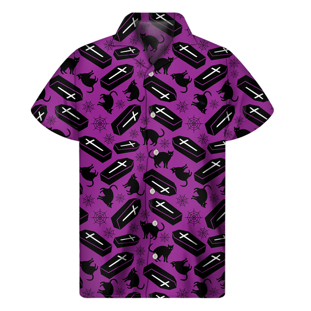 Island Night in Purple: Hawaiian Short Sleeve Shirt with Halloween Coffin Pattern - 1