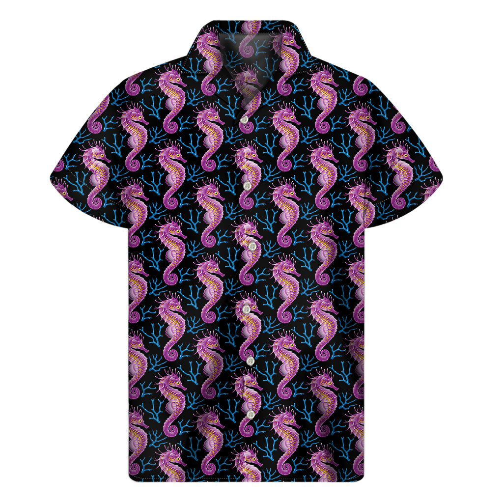 Purple Seahorse Paradise: Men's Hawaiian Short Sleeve Shirt - 1