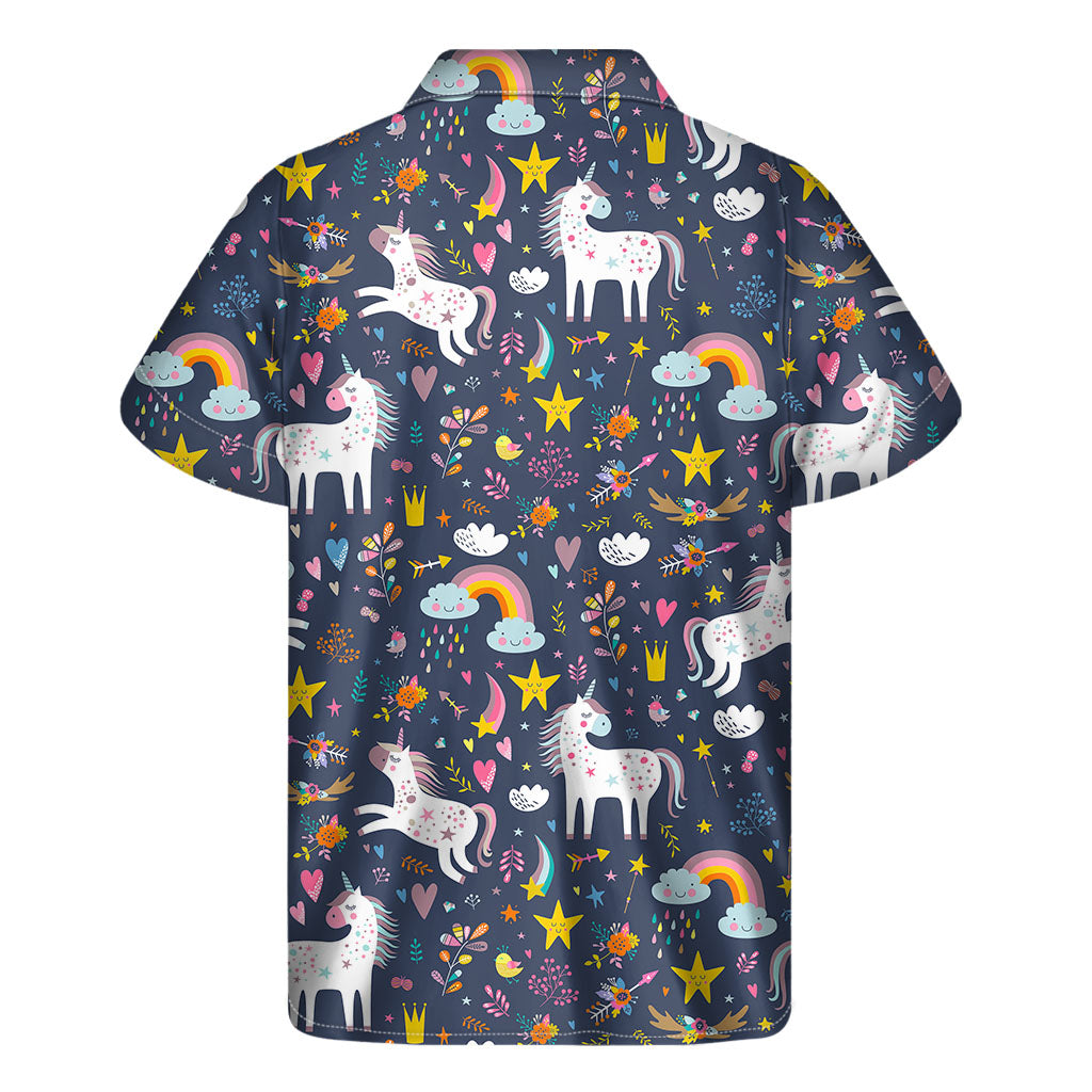 Tropical Fantasy: Men's Hawaiian Short Sleeve Shirt with Unicorn Dream Cartoon Print - 2