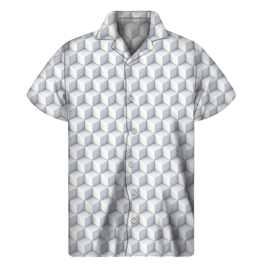 White Geometric Cube Hawaiian Print Short Sleeve Shirt - 1