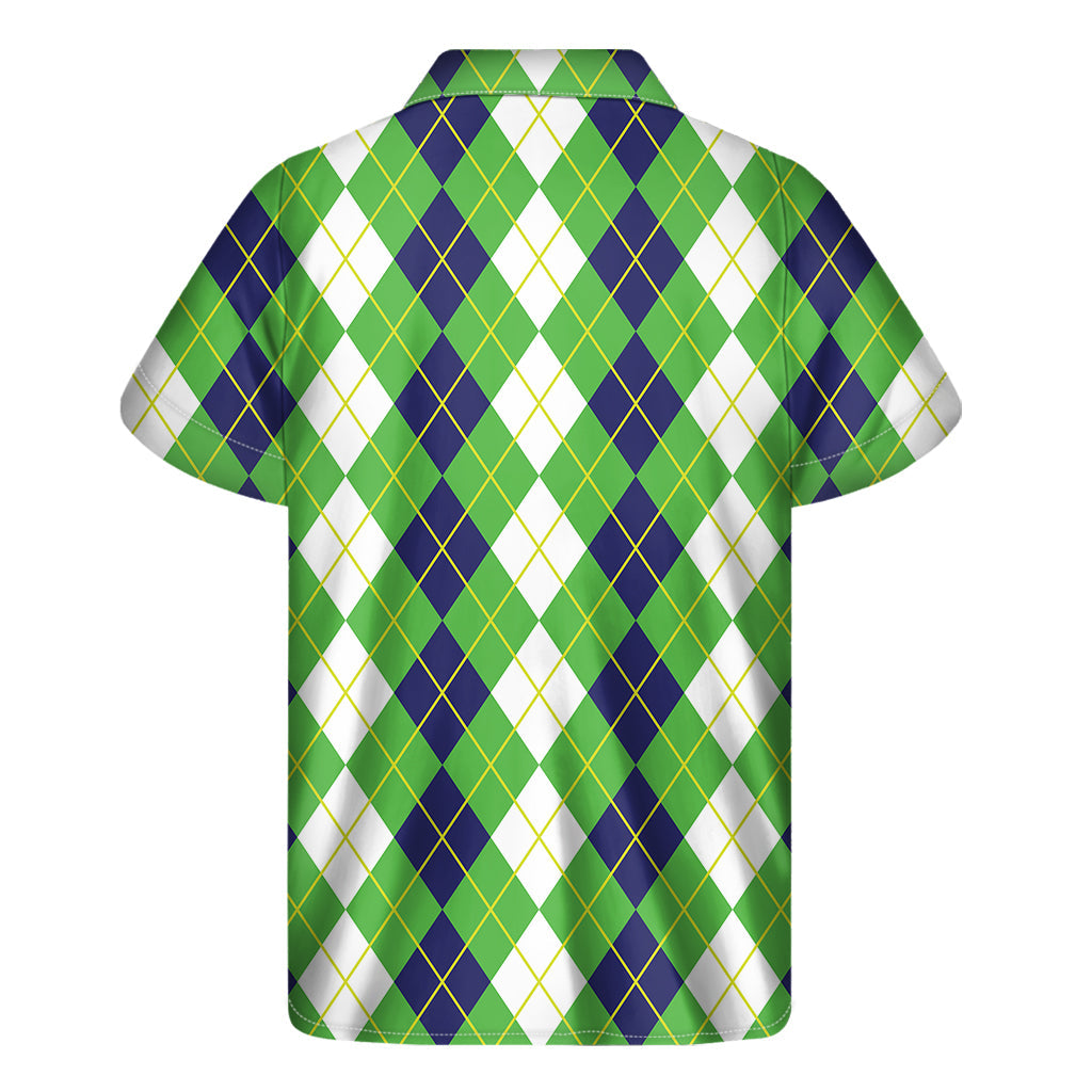 White, Green, and Navy Argyle Print Hawaiian Short Sleeve Shirt - 2