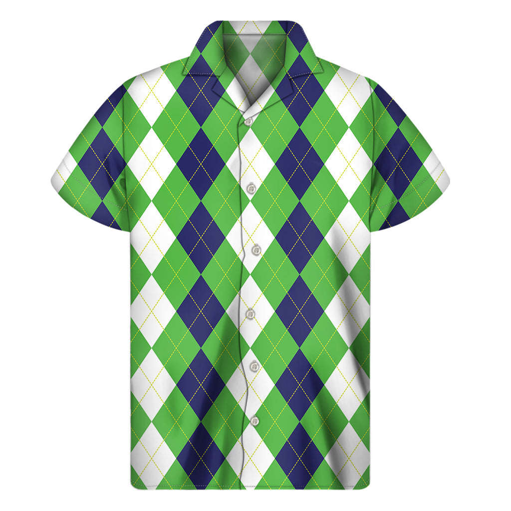 Island Cool: Men's White, Navy, and Green Argyle Print Hawaiian Short Sleeve Shirt - 1