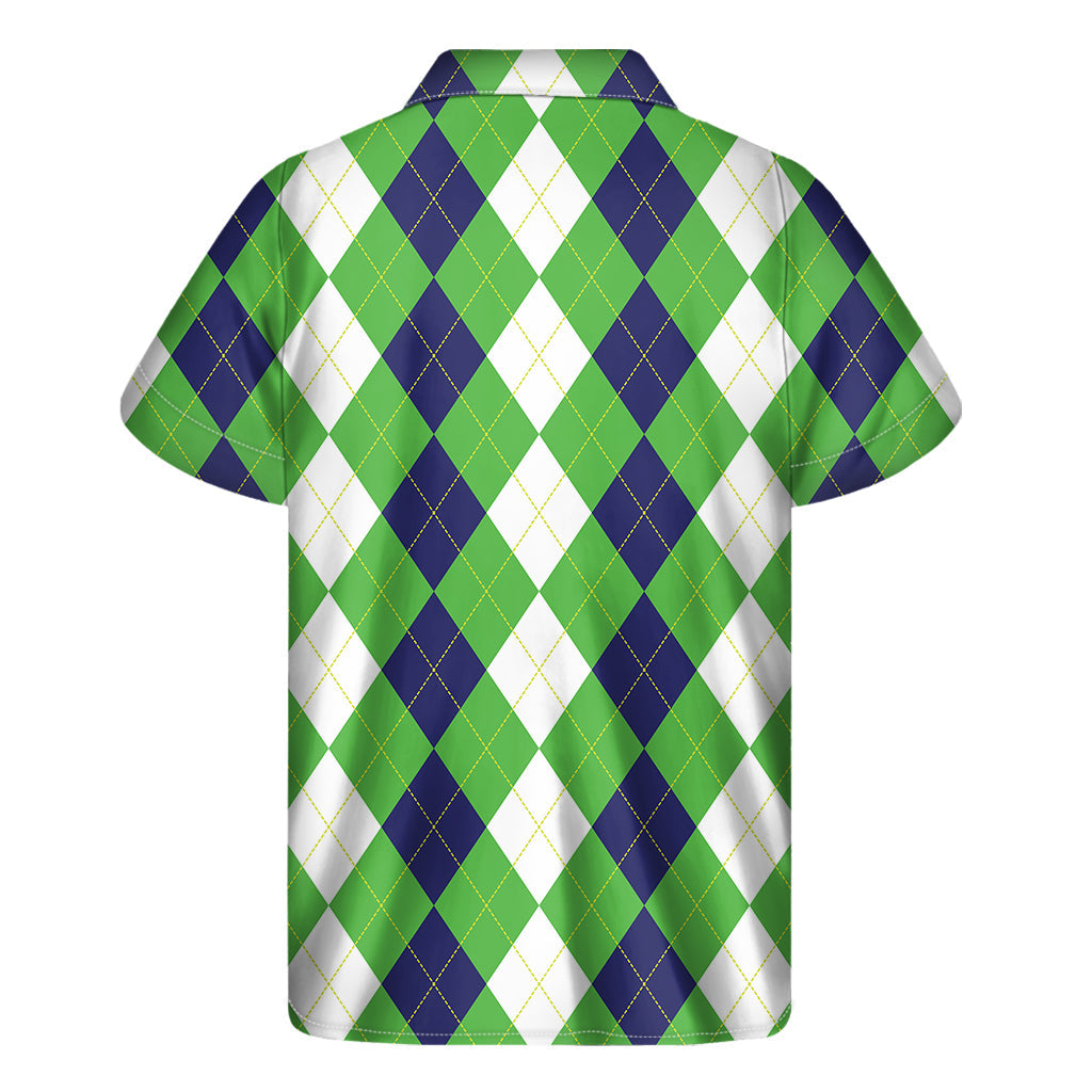 Island Cool: Men's White, Navy, and Green Argyle Print Hawaiian Short Sleeve Shirt - 2