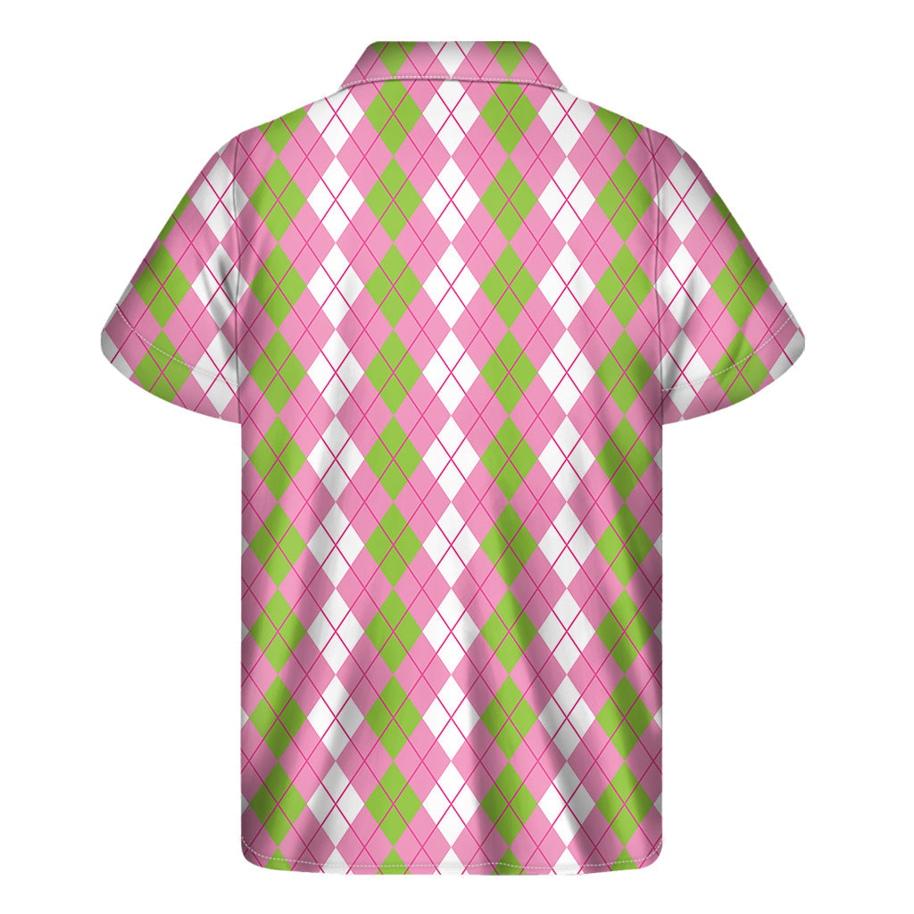 Tropical Vibes: Men's White, Pink, and Green Argyle Print Hawaiian Short Sleeve Shirt - 2
