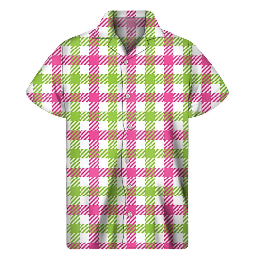 Island Breeze: Hawaiian Short Sleeve Shirt in White, Pink, and Green Buffalo Plaid - 1
