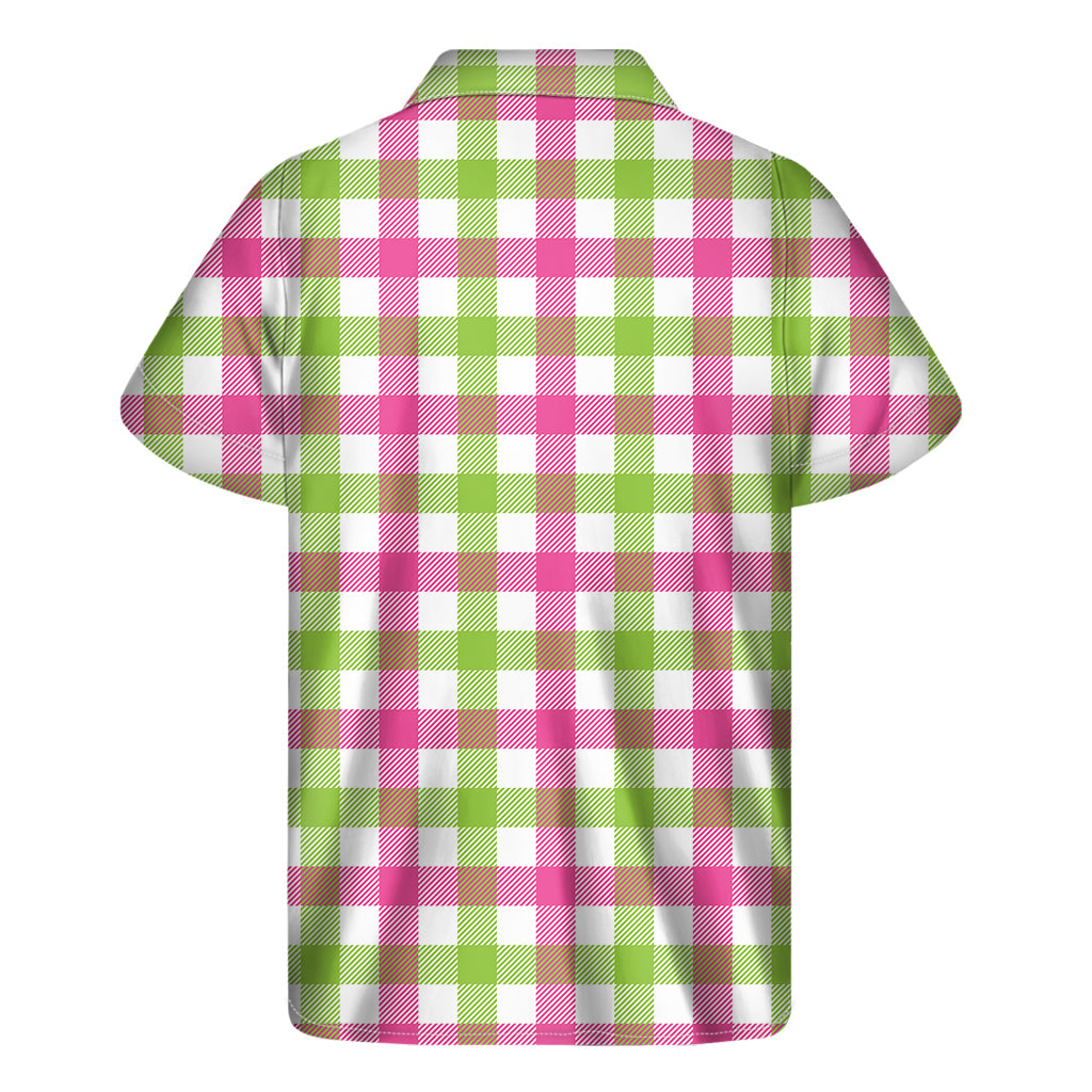 Island Breeze: Hawaiian Short Sleeve Shirt in White, Pink, and Green Buffalo Plaid - 2