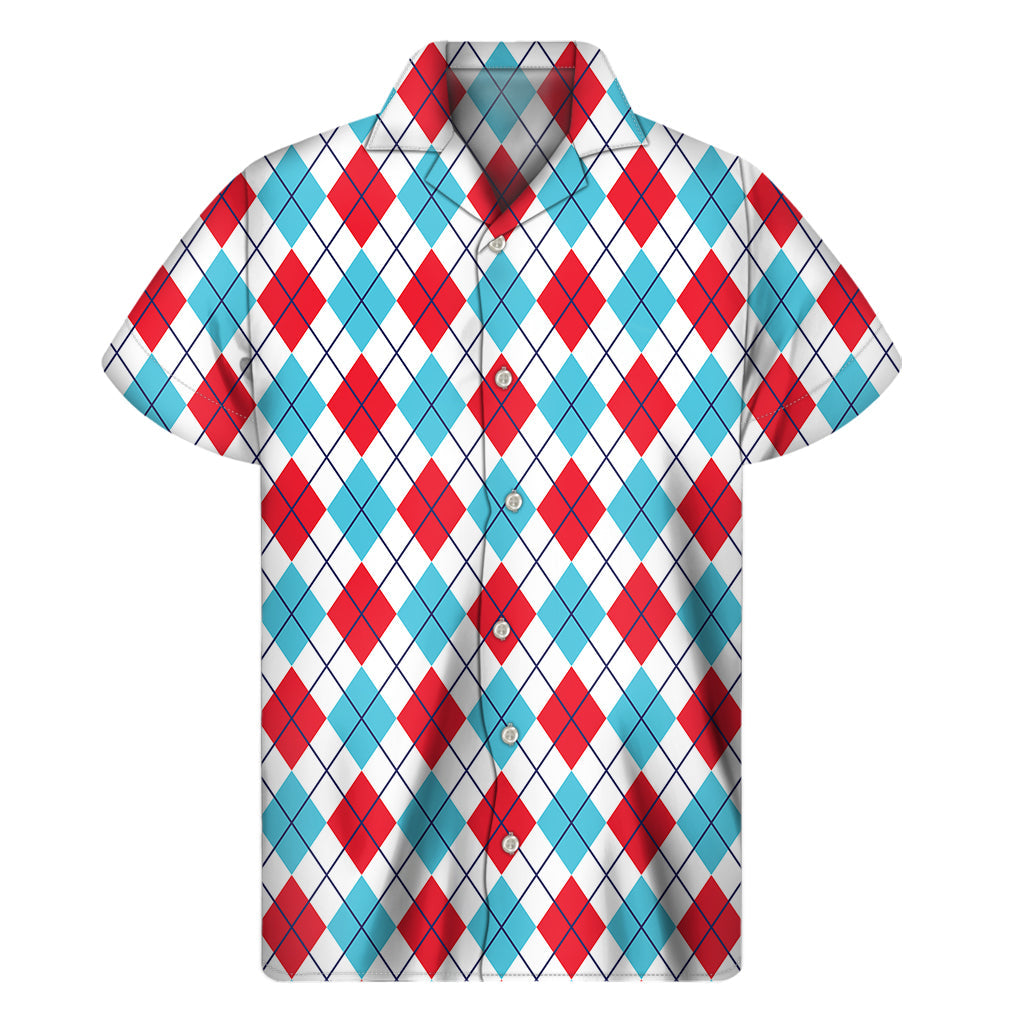 White, Red, and Blue Argyle Pattern Hawaiian Short Sleeve Shirt - 1
