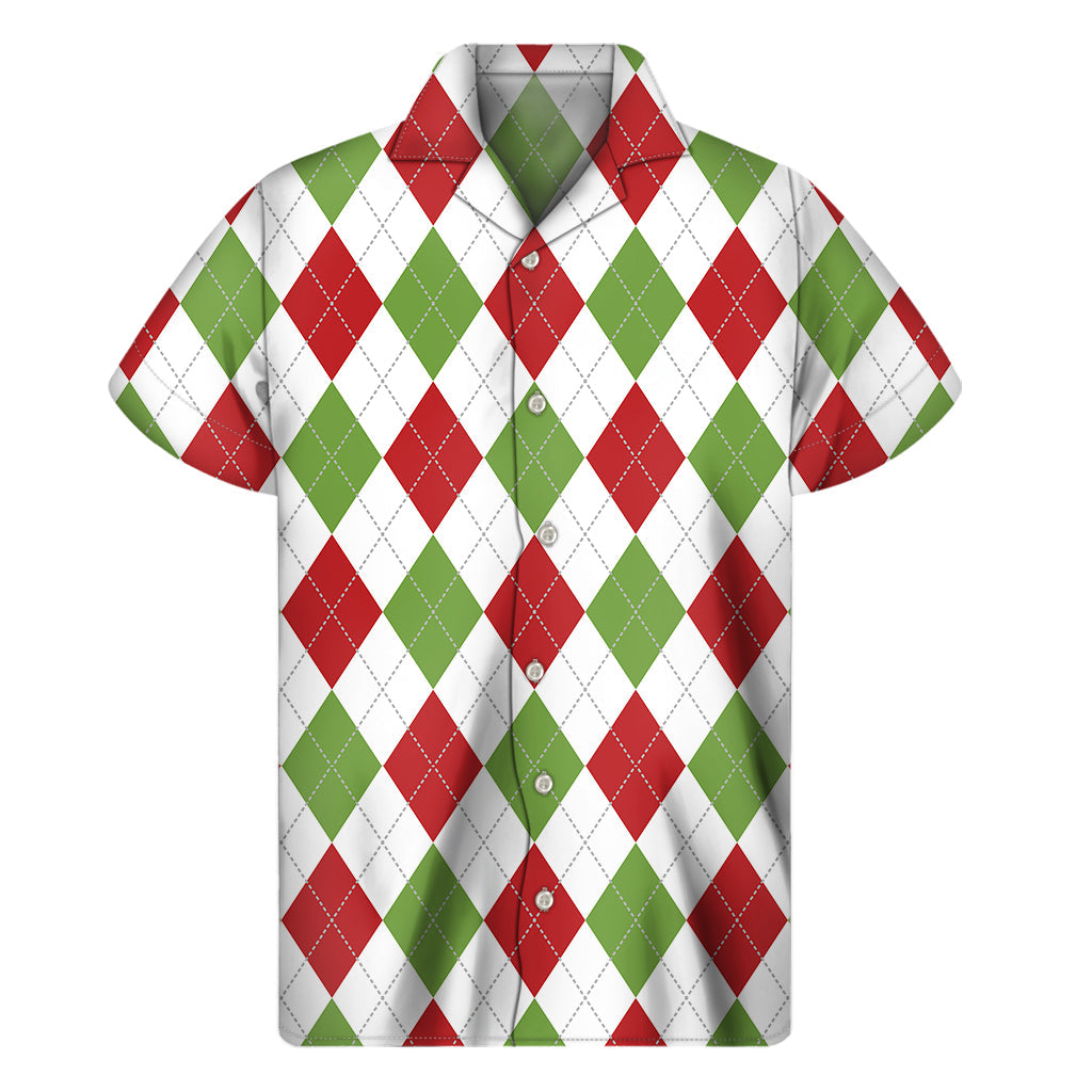 Island Classic: White, Red, and Green Argyle Hawaiian Short Sleeve Shirt - 1
