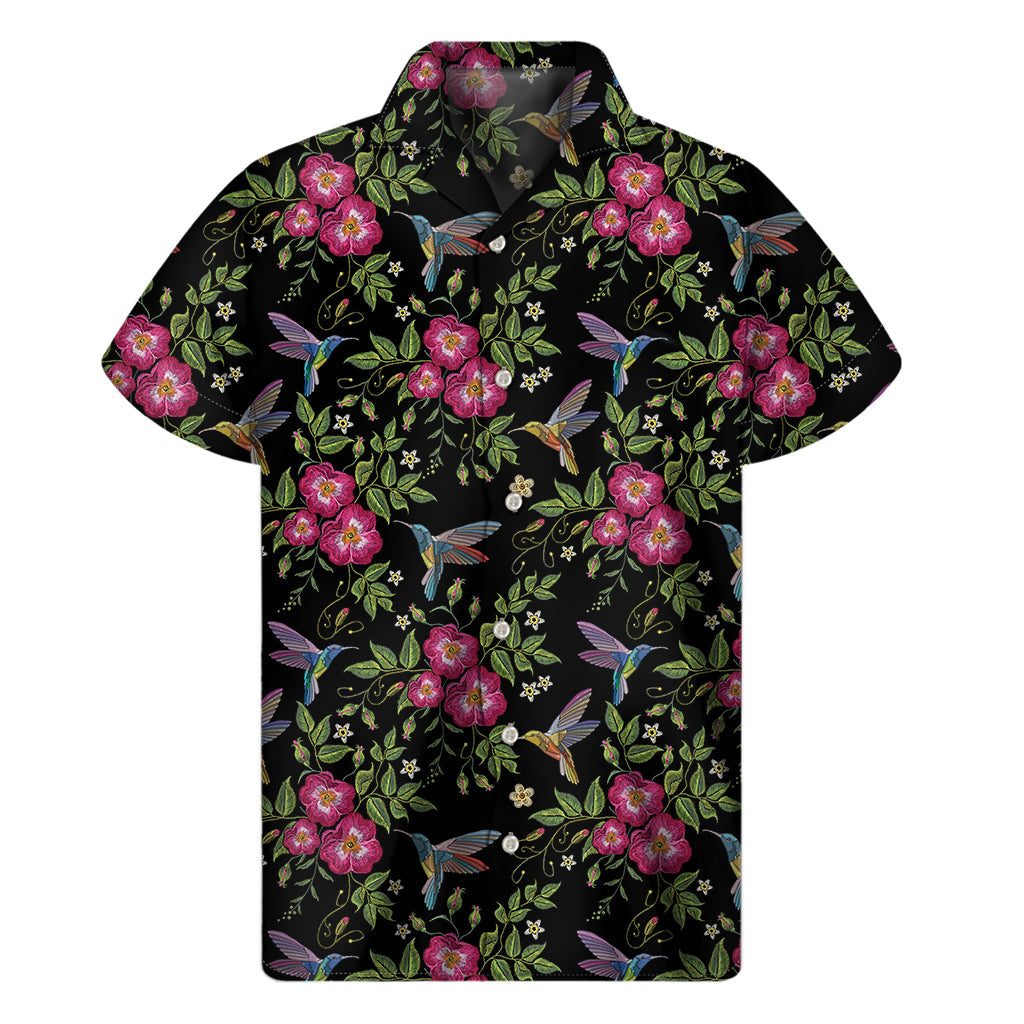 Hummingbird Heaven: Men's Hawaiian Short Sleeve Shirt with Wild Flowers - 1