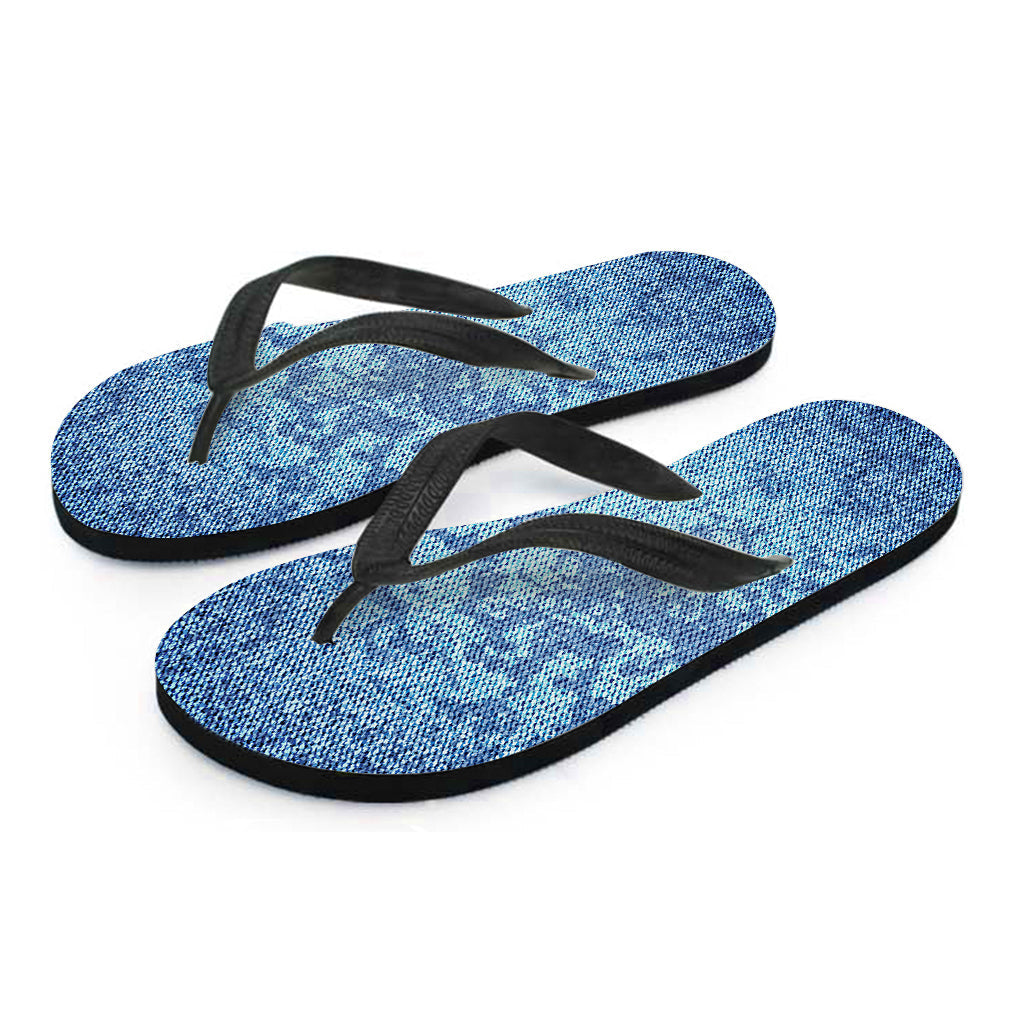 Island Vibes: Acid Wash Denim Jeans Pattern Print Hawaiian Flip Flops - 2