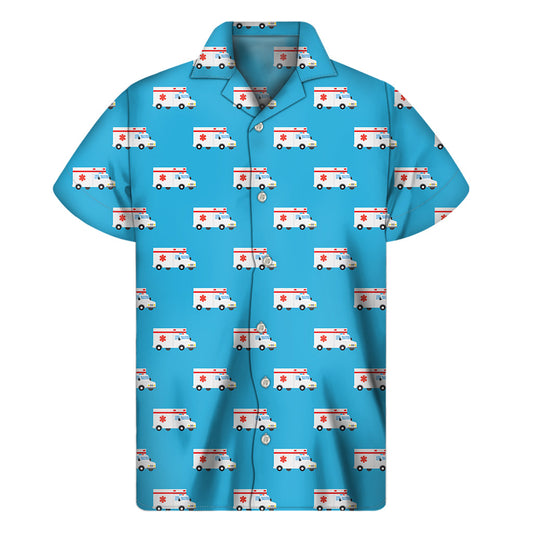 Island Vibes: Hawaiian Short Sleeve Shirt with Ambulance Paramedic Car Pattern - 1