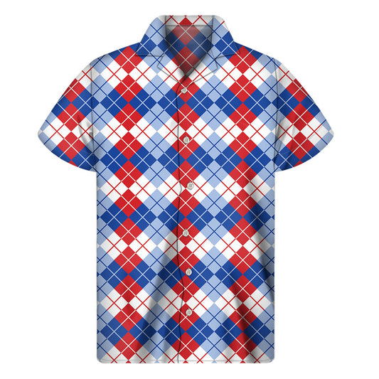 Island Vibes Men's Hawaiian Short Sleeve Shirt with American Argyle Pattern - 1