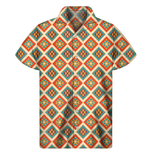 Modern Hawaiian Vibes: Men's Short Sleeve Shirt with Ancient Geometric Navajo Print - 1