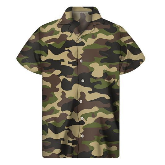 Tropical Vibes: Hawaiian Army Green Camouflage Print Short Sleeve Shirt - 1