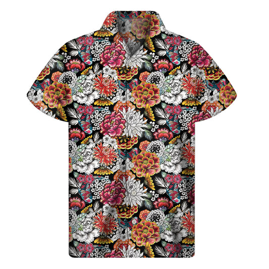 Pacific Bloom: Hawaiian Short Sleeve Shirt with Asian Chrysanthemum Pattern - 1