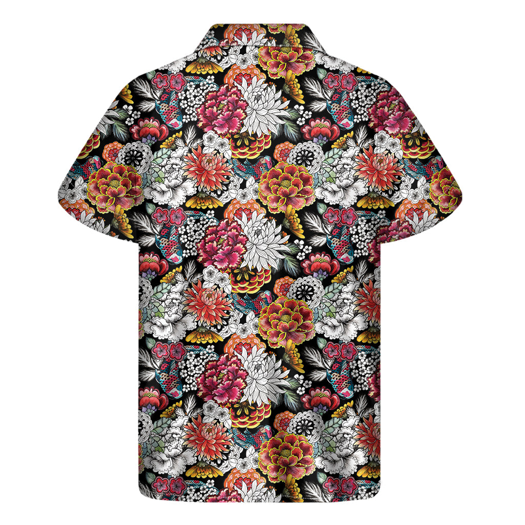 Pacific Bloom: Hawaiian Short Sleeve Shirt with Asian Chrysanthemum Pattern - 2
