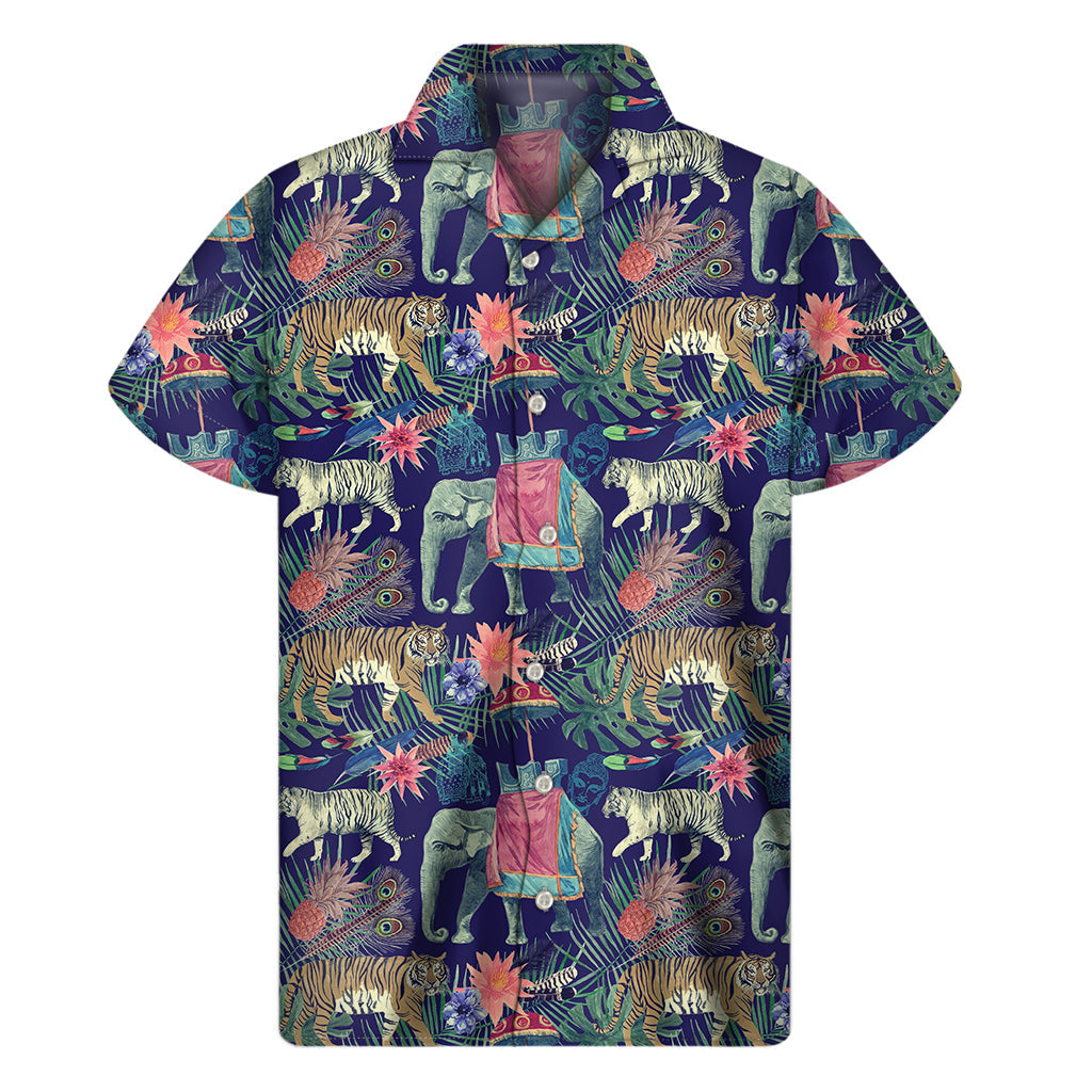 Men's Hawaiian Print Short Sleeve Shirt - Asian Elephant and Tiger Design - 1