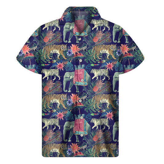 Men's Hawaiian Print Short Sleeve Shirt - Asian Elephant and Tiger Design - 1