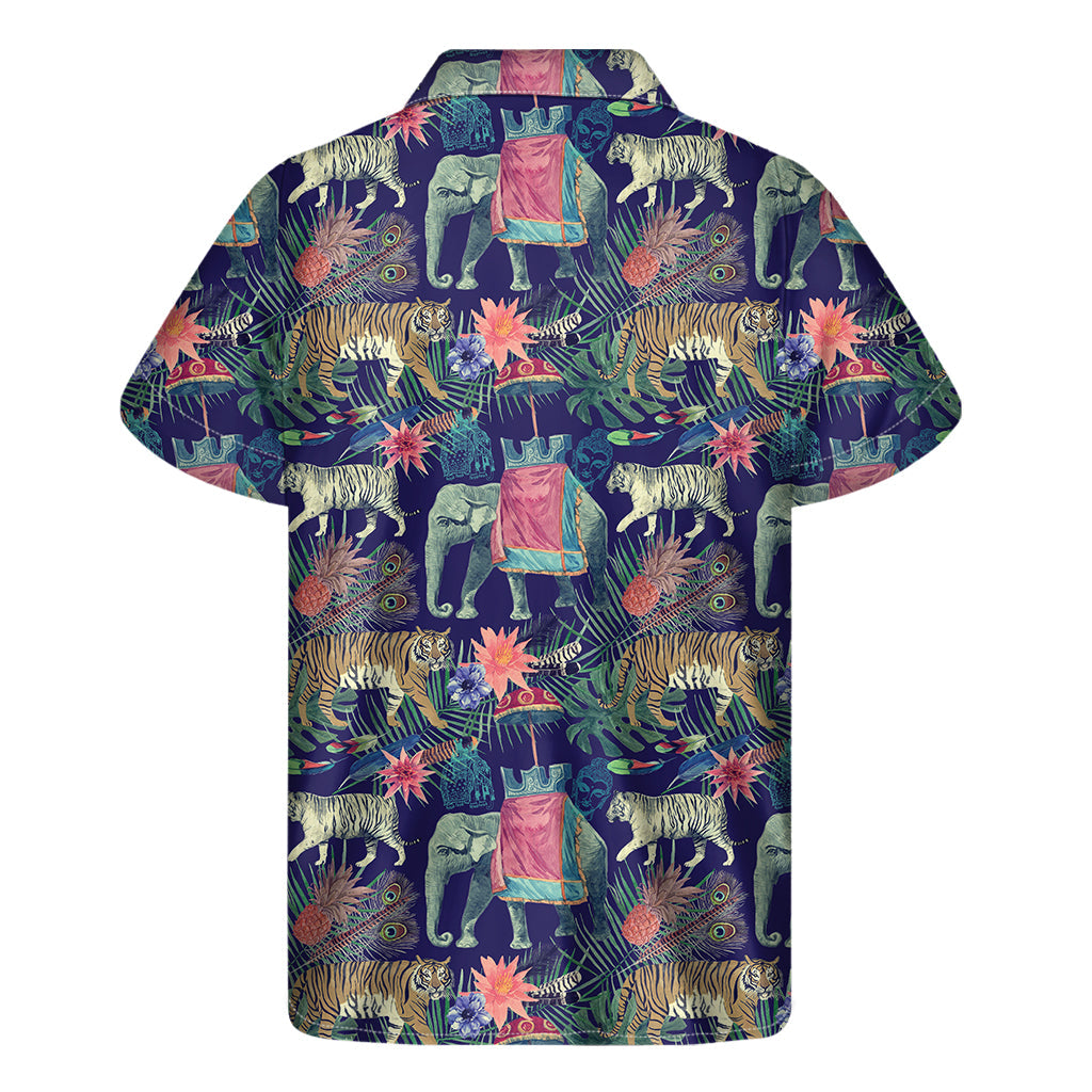 Men's Hawaiian Print Short Sleeve Shirt - Asian Elephant and Tiger Design - 2