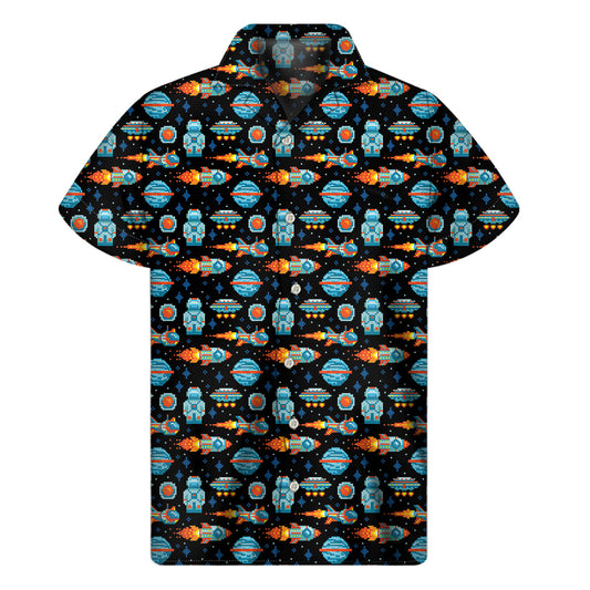 Galactic Aloha: Men's Hawaiian Short Sleeve Shirt with Astronaut and Space Pixel Pattern Print - 1