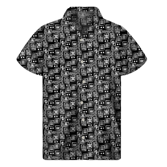 Hawaiian Vibes: Black Adinkra Symbols Pattern Print Short Sleeve Shirt - 1